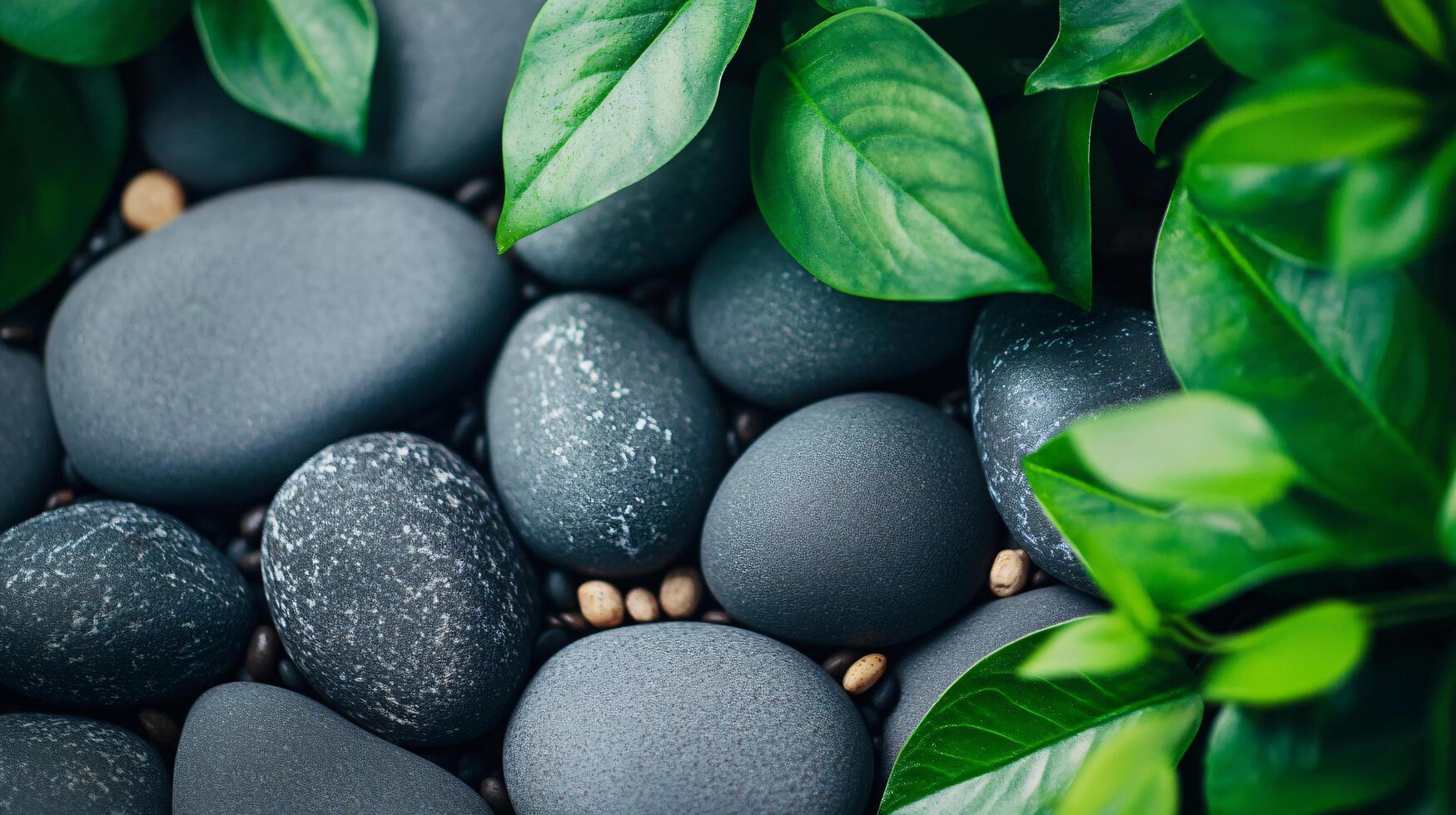 Collection of black rocks with green leaves in the background. The rocks are scattered around and some are piled up. The scene has a natural and calming feel to it photo