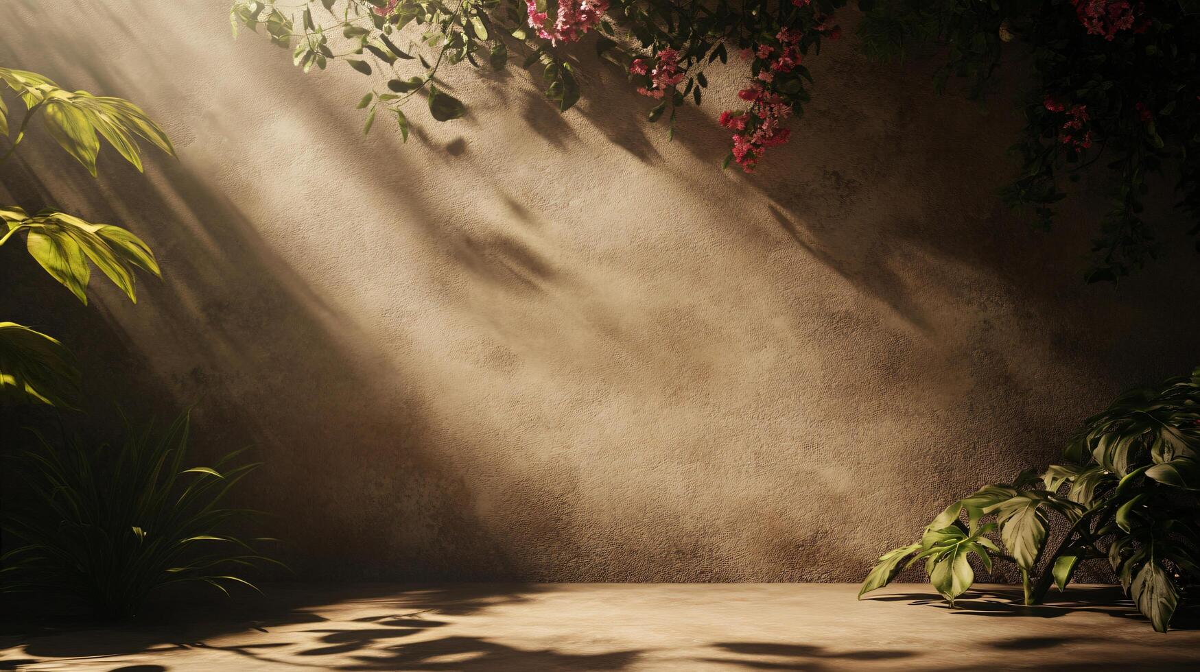 Wall with a plant growing out of it and a shadow on the wall. The wall is made of concrete and has a rough texture photo