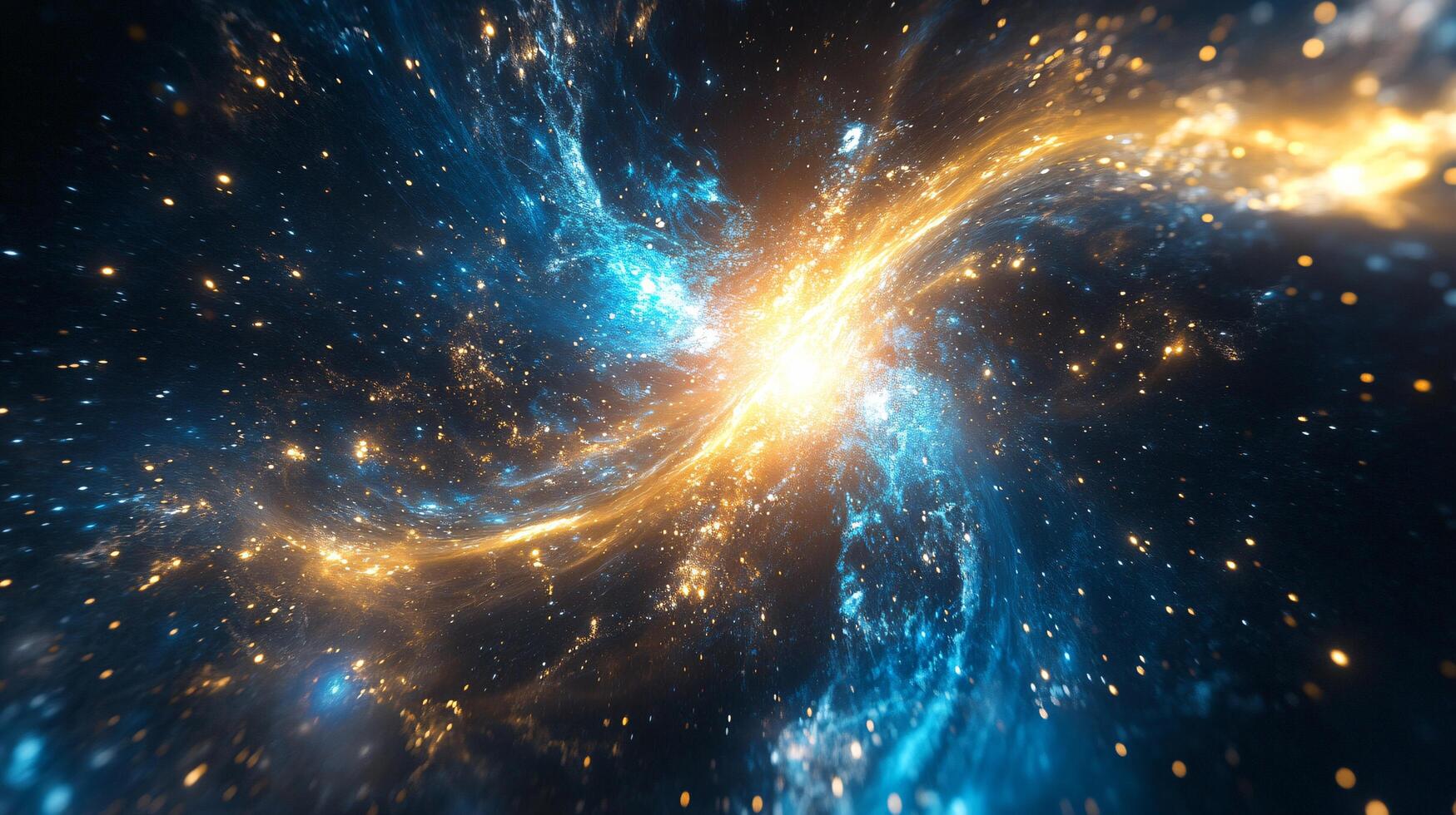 Bright orange and blue galaxy with a bright yellow star in the middle. The galaxy is filled with stars and the yellow star is the brightest one photo