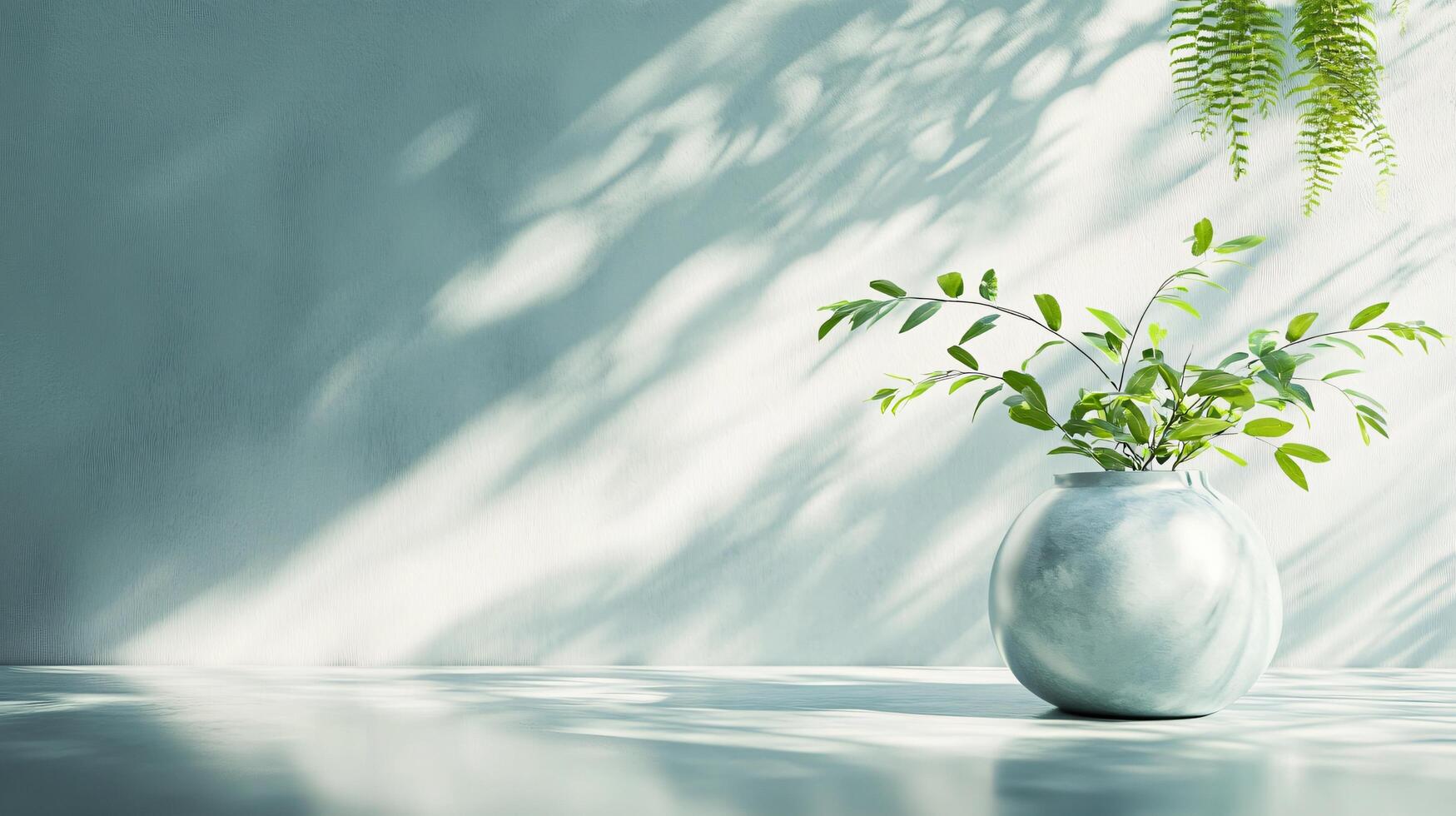 Vase with a plant in it sits on a table in front of a wall. The vase is white and the plant is green. The sunlight is shining on the vase and the plant, creating a peaceful and calming atmosphere photo