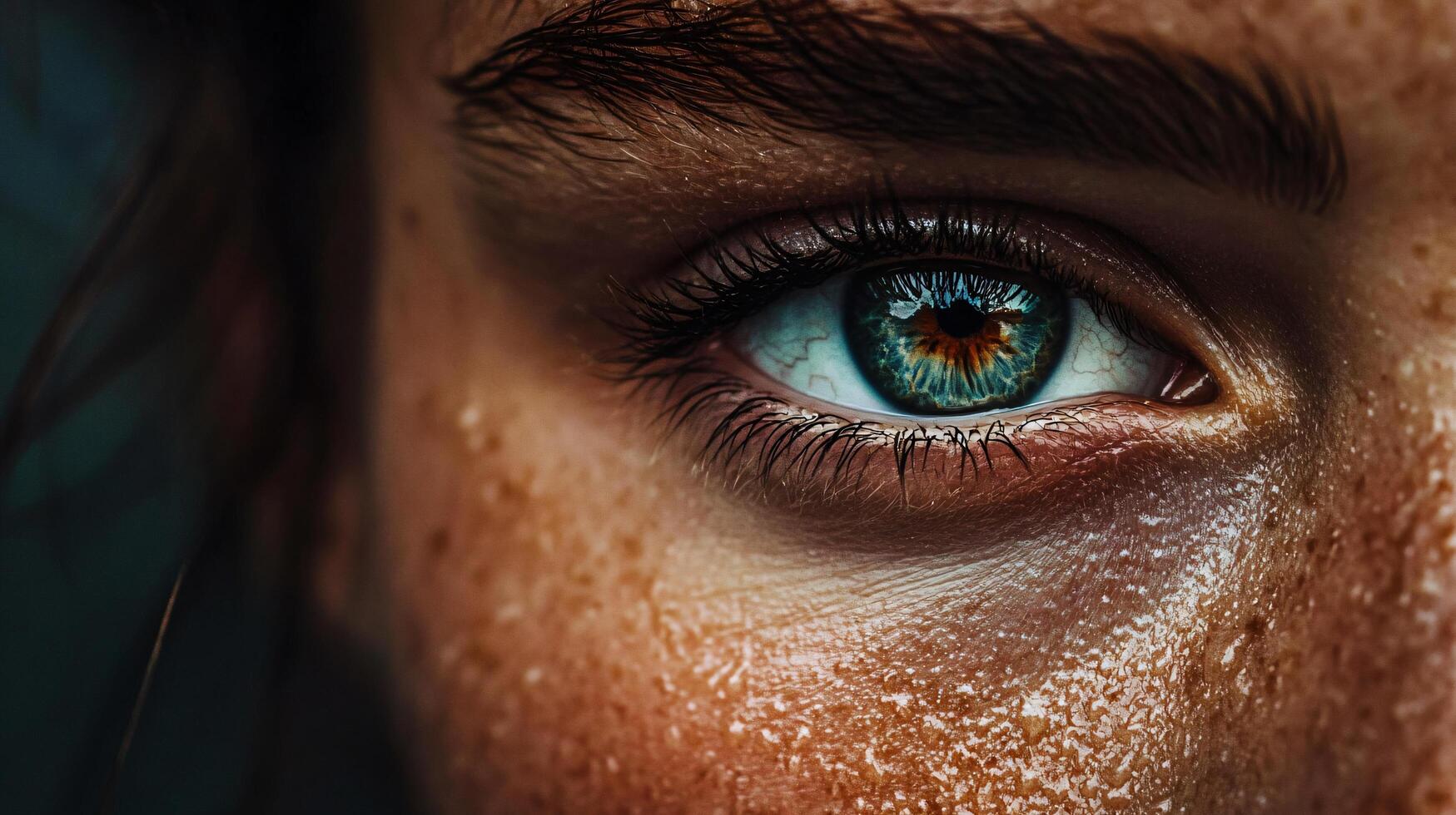 Woman's eye with a blue iris and brown lashes. The eye is surrounded by a shadow, giving it a dramatic look photo