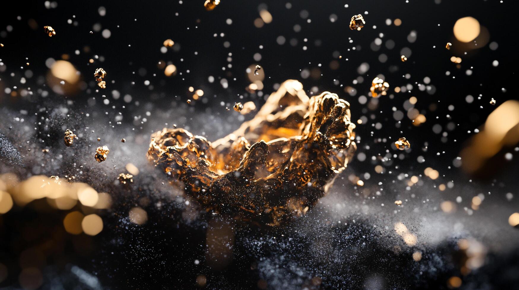 Gold object is surrounded by a cloud of dust. The image has a sense of chaos and destruction, as the gold object is being bombarded by the dust. The gold object appears to be a small, shiny rock photo