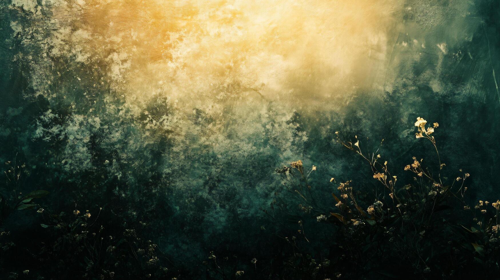 Serene and peaceful forest scene with a yellow sun shining through the trees. The sky is filled with a hazy, blurry effect, giving the impression of a dreamy, ethereal atmosphere. The trees are tall photo