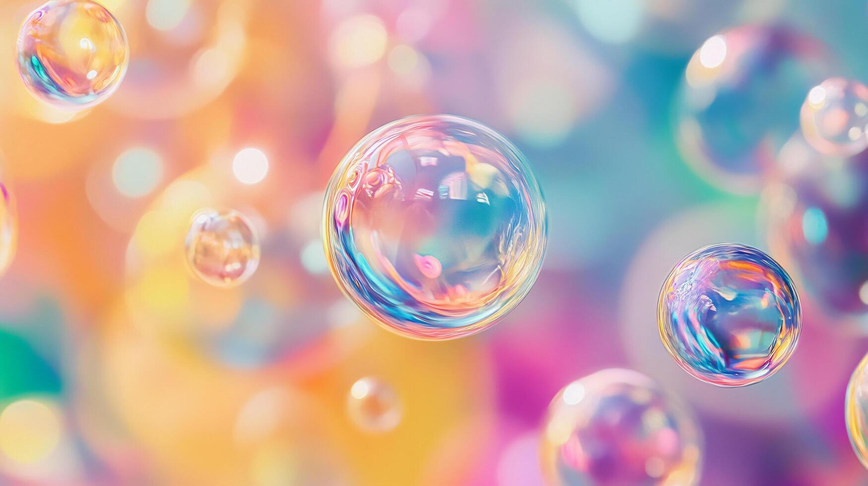 Colorful background with many bubbles of different sizes and colors. The bubbles are floating in the air and seem to be scattered all over the image. Scene is playful and whimsical photo