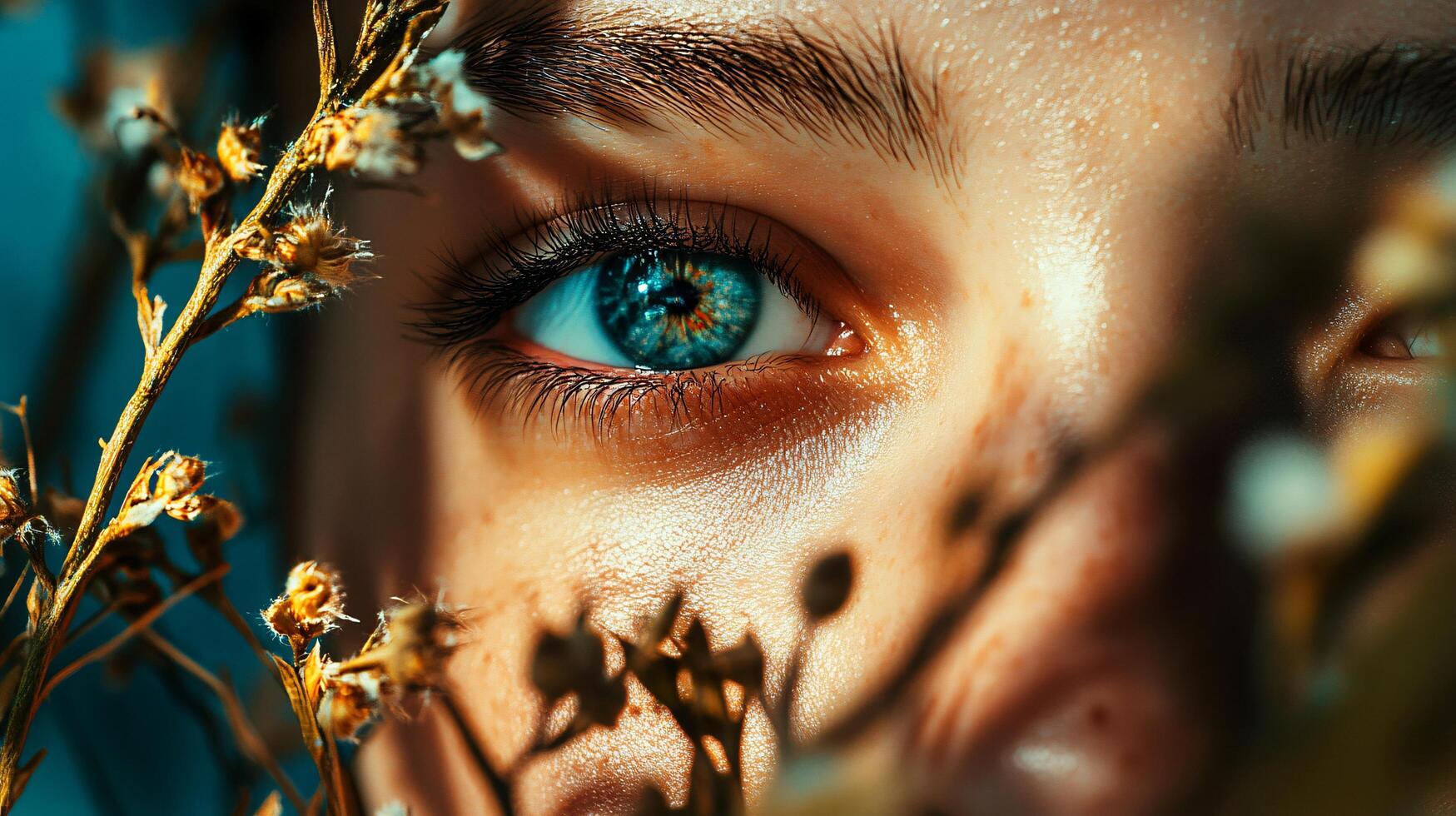 Woman's eye is shown in a close up with the iris and pupil visible. The eye is blue and surrounded by a field of yellow flowers. Concept of beauty and serenity photo