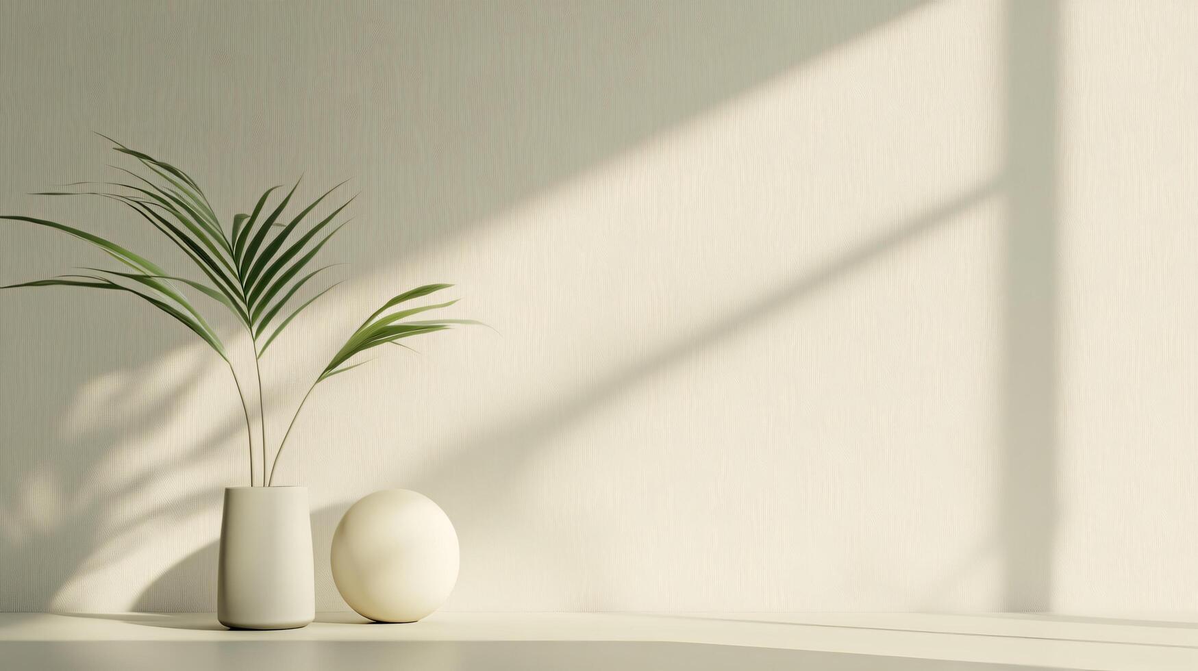 White wall with a plant in a tall white vase and a white ball on the floor. The plant is a palm tree and the ball is a small white sphere. The room is well lit and the white walls photo