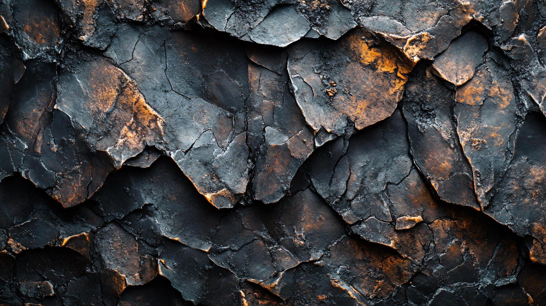 Close up of a rock wall with a lot of texture and a few orange spots. The wall is made of stone and has a rough, jagged appearance. The orange spots add a pop of color to the otherwise dark photo