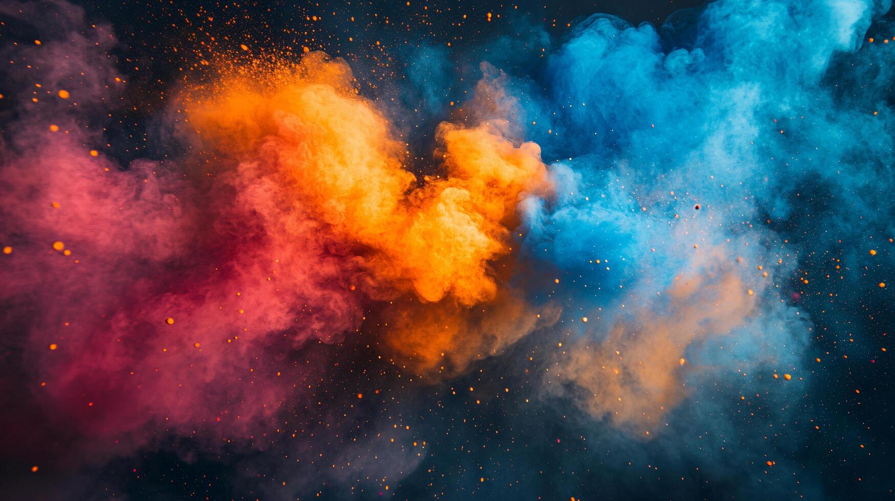 Colorful cloud of smoke with orange and blue swirls. The smoke is in the air and is scattered in different directions photo