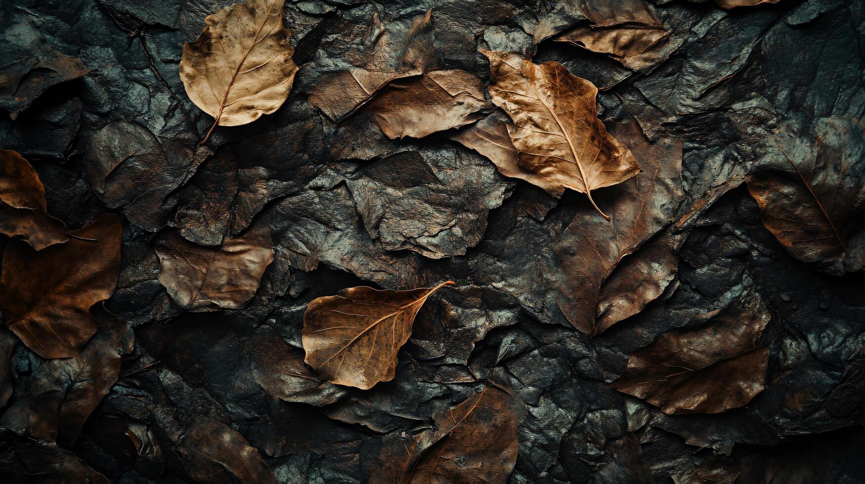Close up of leaves on a rock. The leaves are brown and the rock is dark. The image has a moody and somber feel to it photo