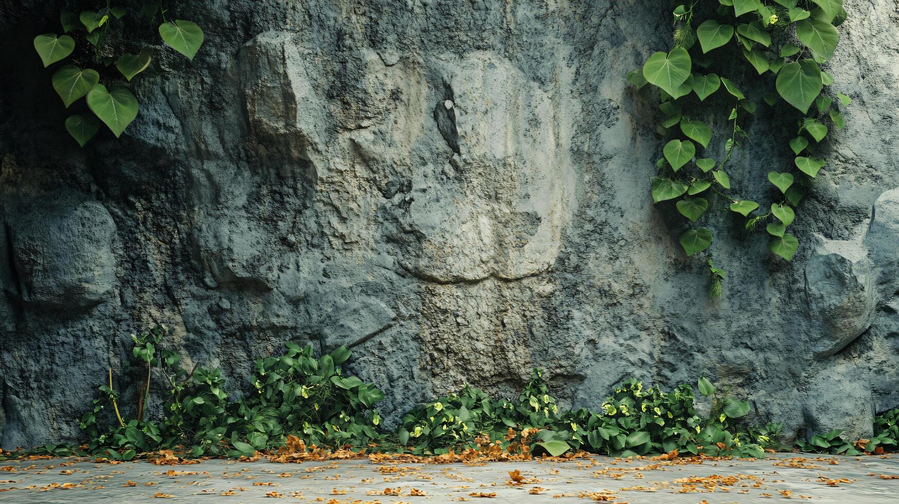 Wall with green vines growing on it. The wall is made of stone and has a rough texture. The scene has a natural and peaceful feel to it photo