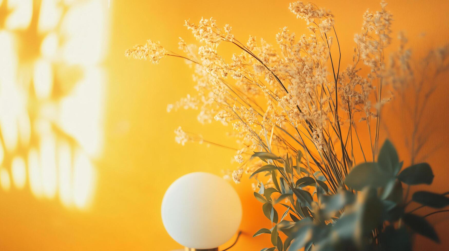 Vase of flowers sits on a table in front of a yellow wall. The flowers are yellow and brown, and they are arranged in a way that makes them look like they are reaching towards the light photo