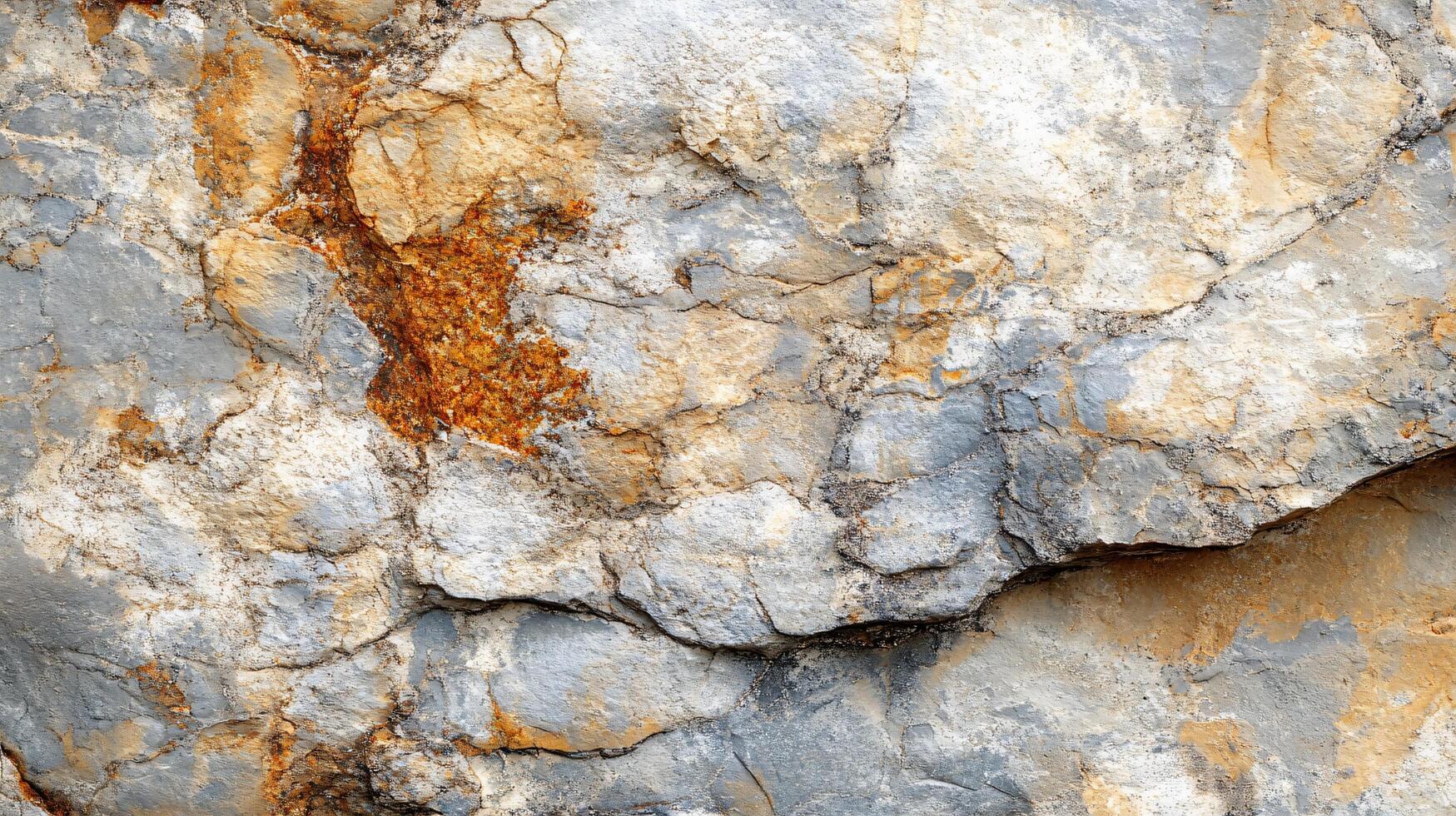 Rock with a lot of rust on it. The rock is grey and white. The rust is orange and brown photo