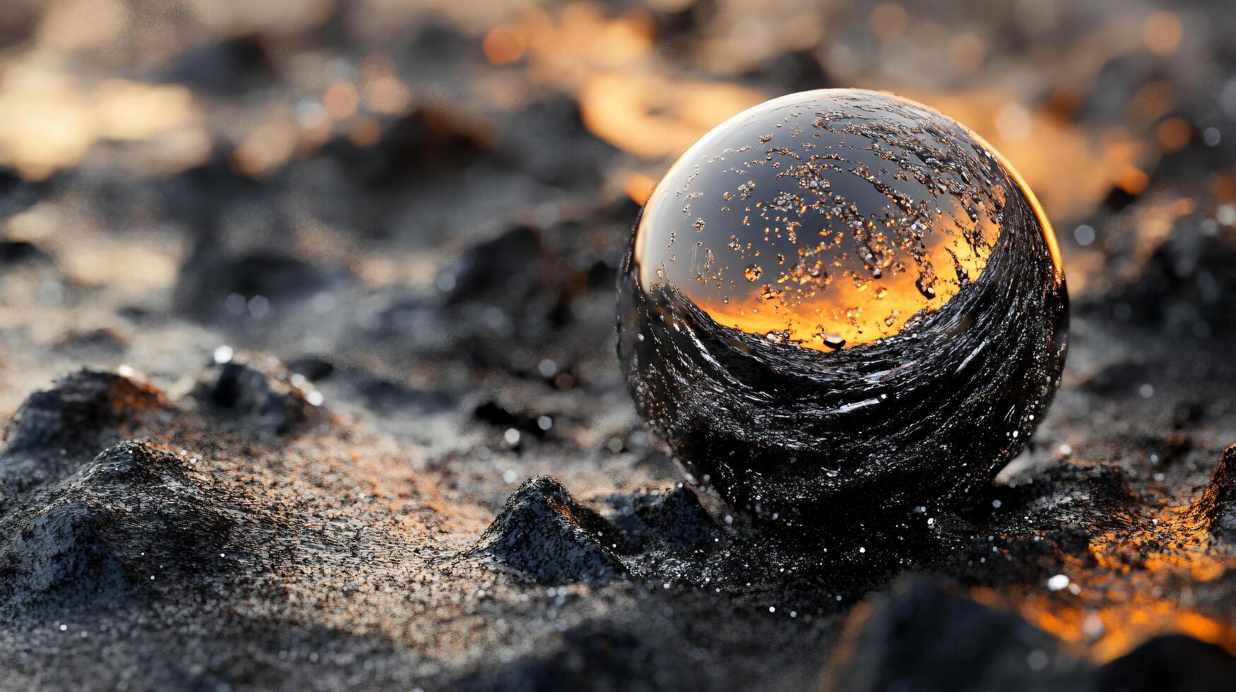 Large, black, shiny, and reflective ball is sitting on a rocky surface. The ball appears to be surrounded by a pool of water, which is reflecting the light from the sun. The scene has a serene photo