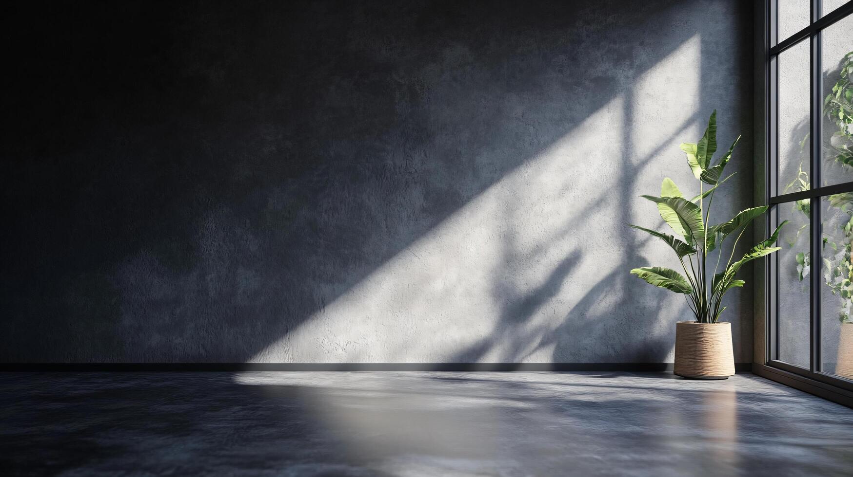 Window with a plant in a basket sits in a room with a concrete wall. The room is empty and the plant is the only decoration photo