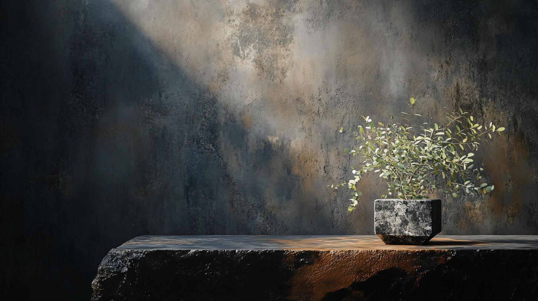 Potted plant sits on a table in front of a wall. The plant is small and green, and it is placed in a black pot. The table is made of wood and is located in a room with a lot of natural light photo