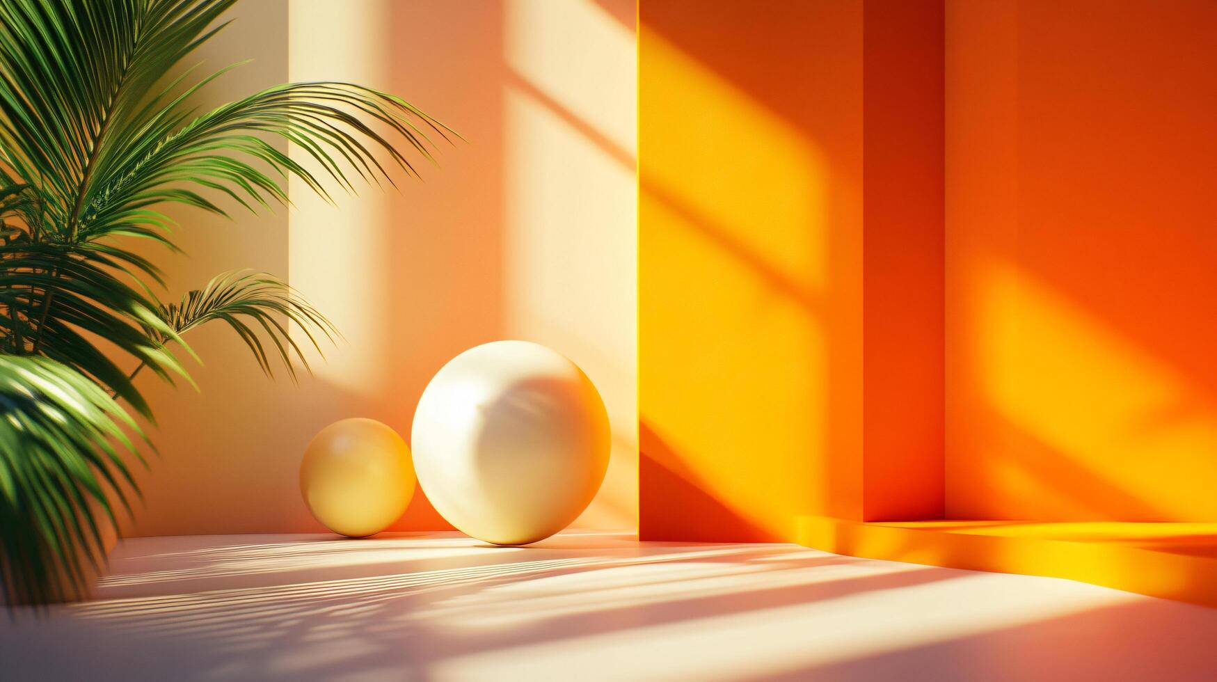 Room with a yellow wall and a green palm tree. There are two white balls on the floor photo