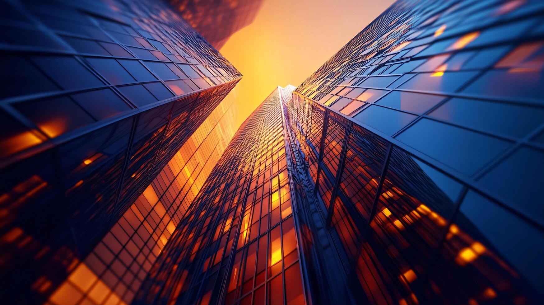 City skyline with tall buildings and a bright orange sky. The buildings are made of glass and the sky is filled with light photo