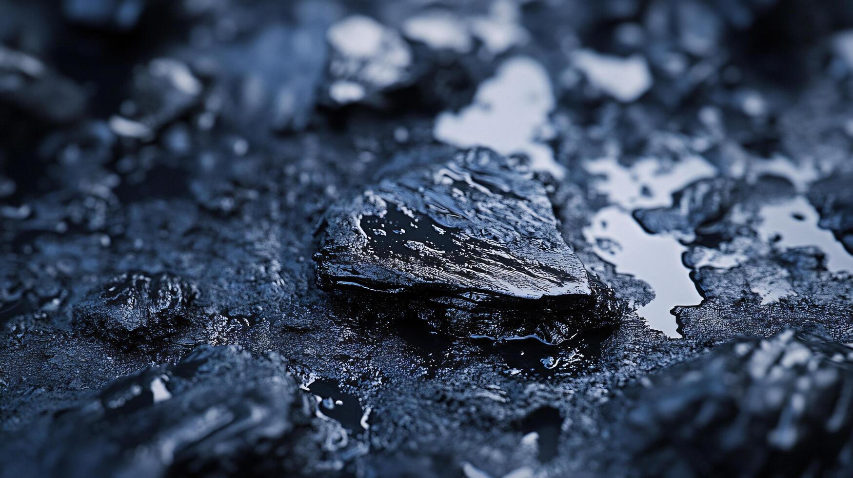 Rock with a dark blue hue is on a wet surface. The rock is surrounded by other rocks and he is the only one with a different color. The wet surface gives the image a moody and mysterious feel photo