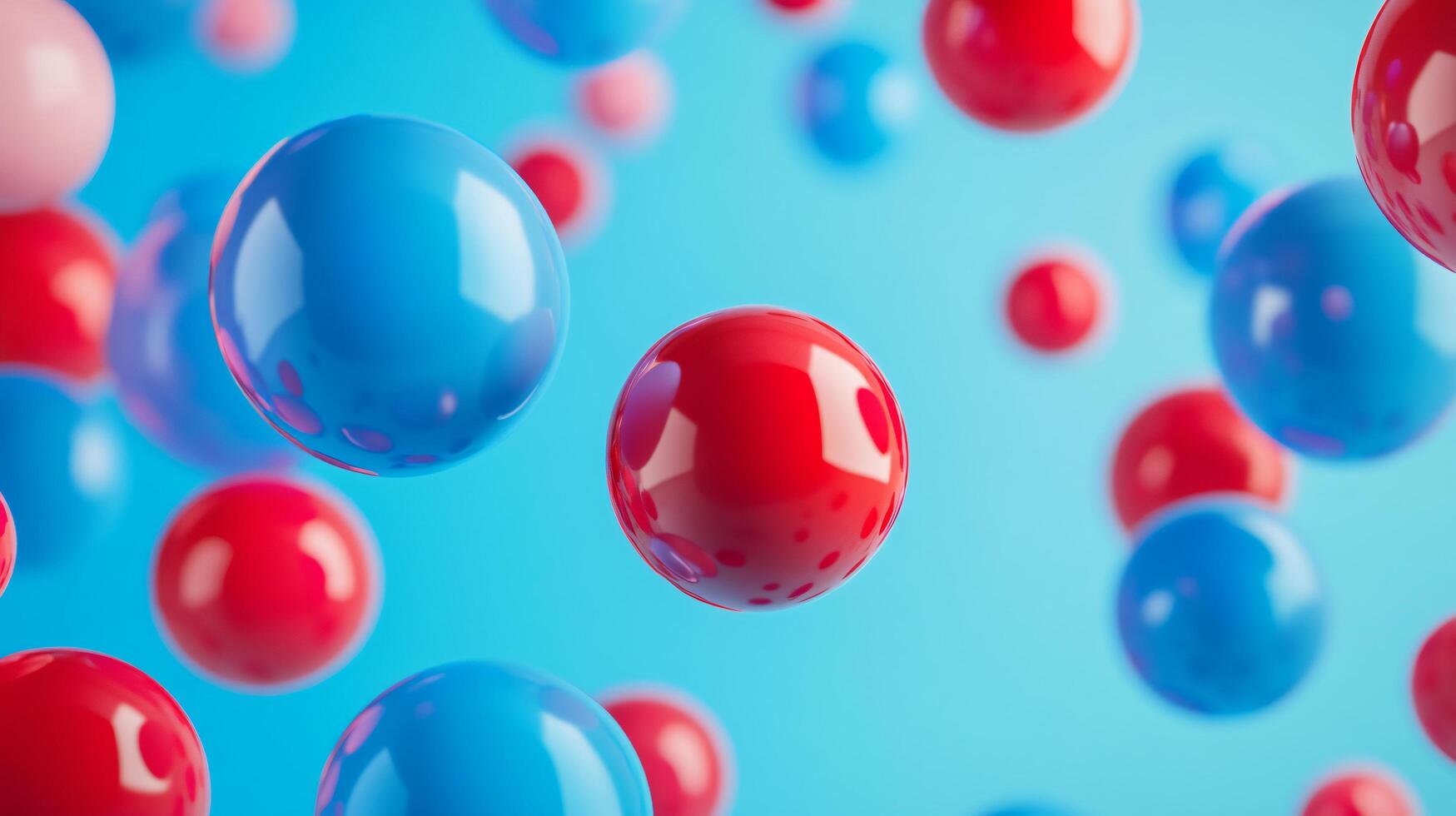 Bunch of red and blue spheres floating in the air. The blue spheres are larger than the red ones photo