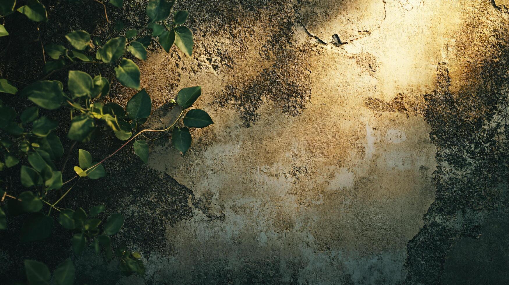 Leafy green plant is growing on a wall. The wall is made of concrete and has a rough texture. The sunlight is shining on the plant, making it look vibrant and alive. Concept of growth and vitality photo