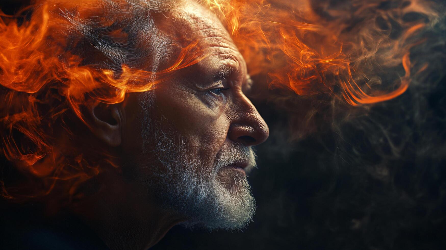 Man with a beard and white hair is looking at the camera. The image is a close up of his face, with smoke and fire in the background. The man's expression is serious and contemplative photo