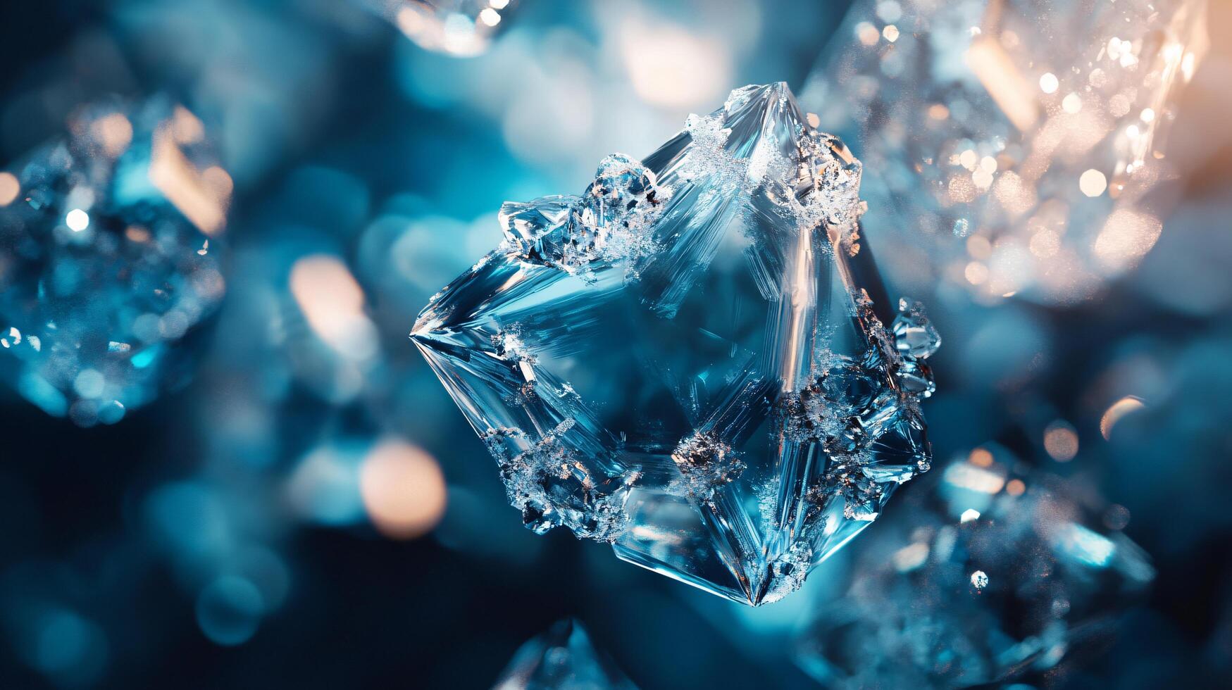 Close up of a blue crystal with a diamond shape. The crystal is surrounded by other smaller crystals, creating a sense of depth and texture. The image evokes a feeling of wonder photo