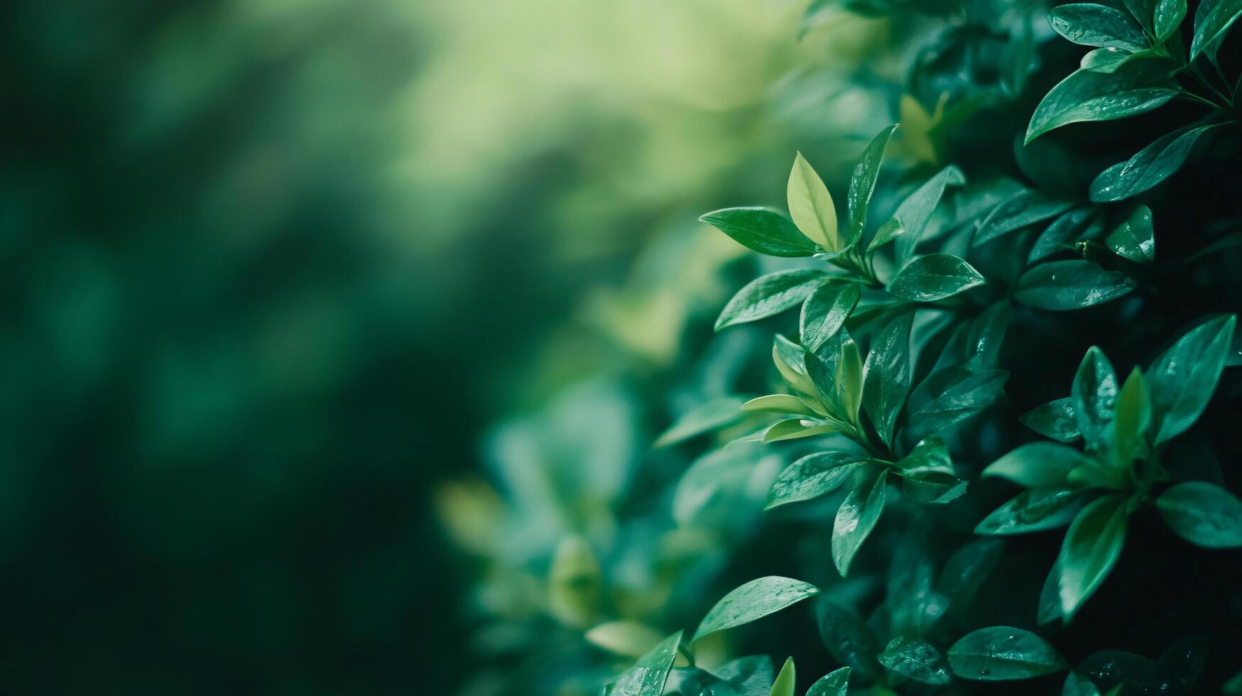Lush green bush with leaves that are wet. The leaves are green and the background is a mix of green and blue photo