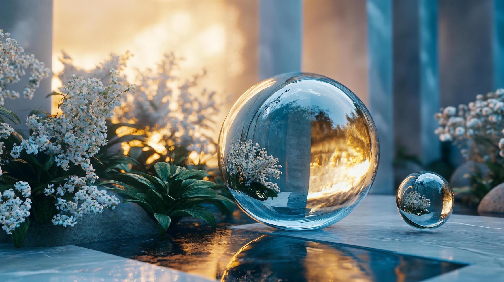 Glass sphere is surrounded by a field of white flowers. The sphere is reflecting the sun and the flowers in the water photo