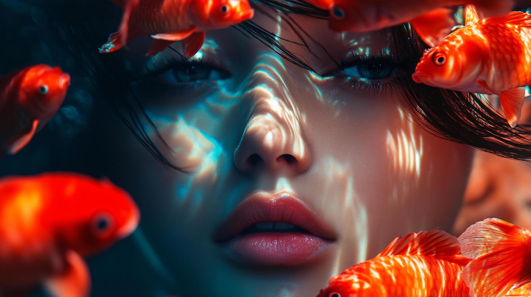 Woman is surrounded by a group of fish. The fish are orange and the woman is wearing red lipstick. The image has a playful and whimsical mood photo