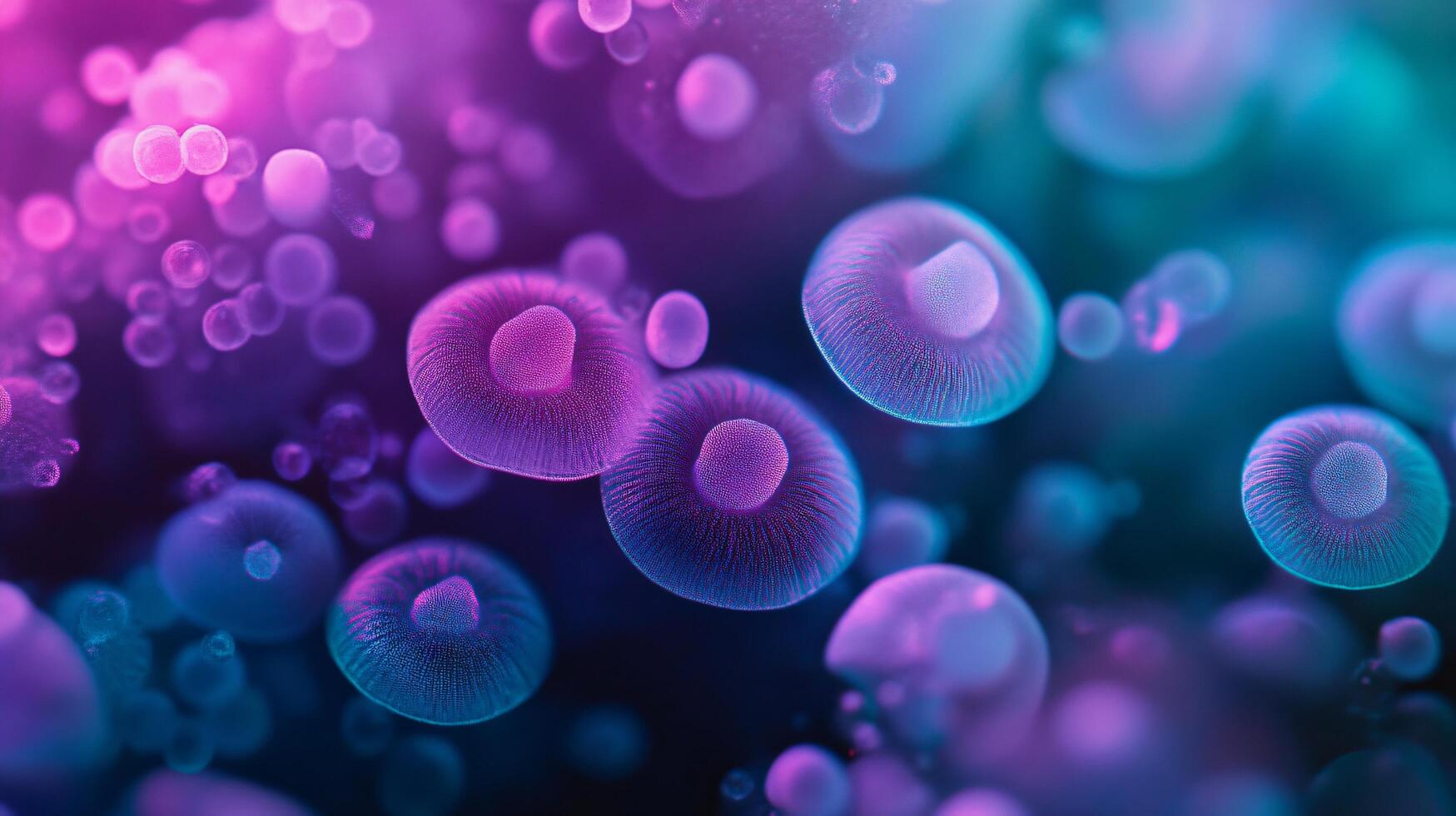 Colorful image of many small spheres, some of which are purple. The image has a dreamy, surreal quality to it, with the colors and shapes blending together in a way that is both beautiful photo