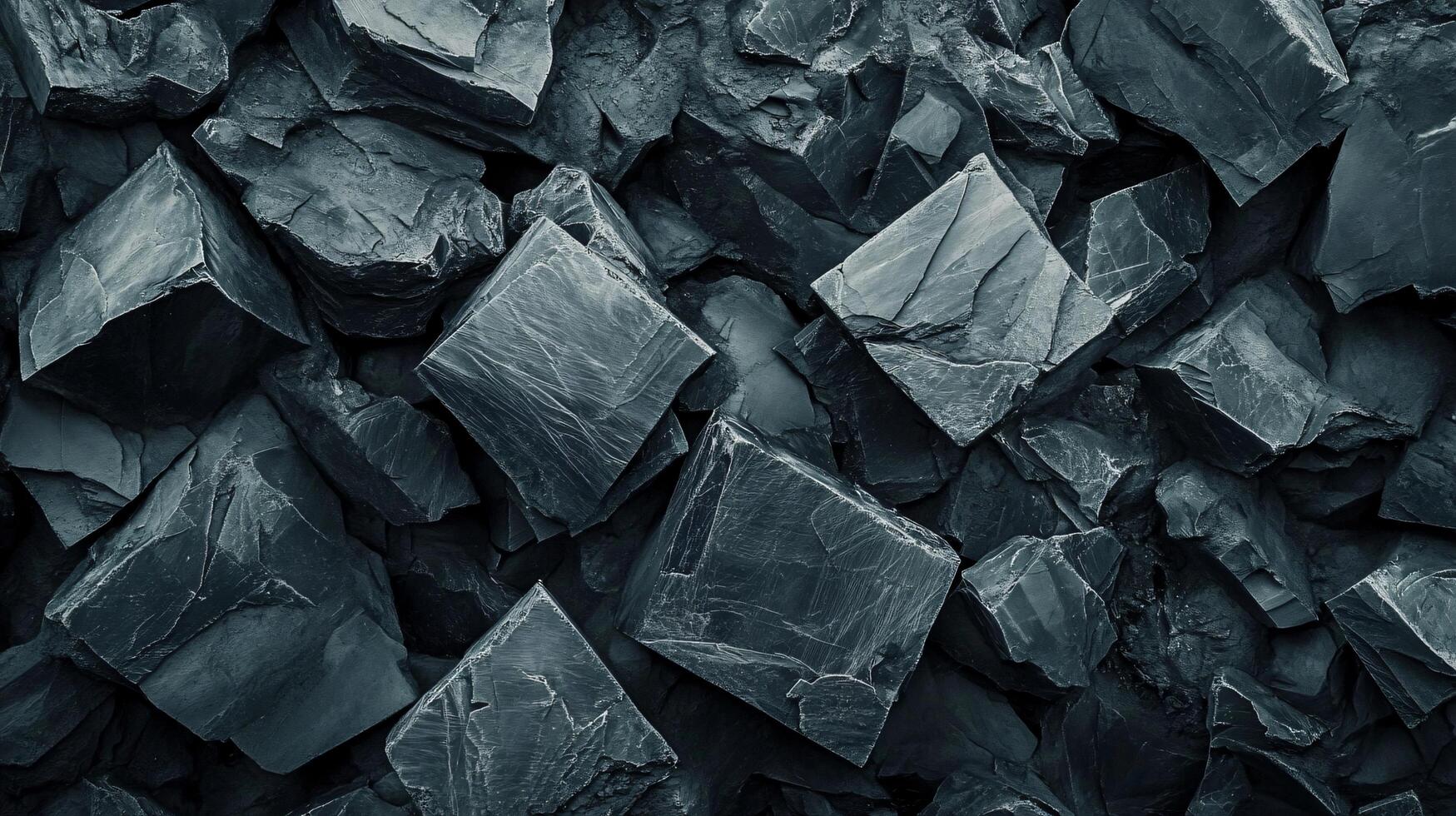 Close up of a pile of rocks with a dark grey color. The rocks are of various sizes and shapes, and they appear to be piled on top of each other. Concept of ruggedness and strength photo
