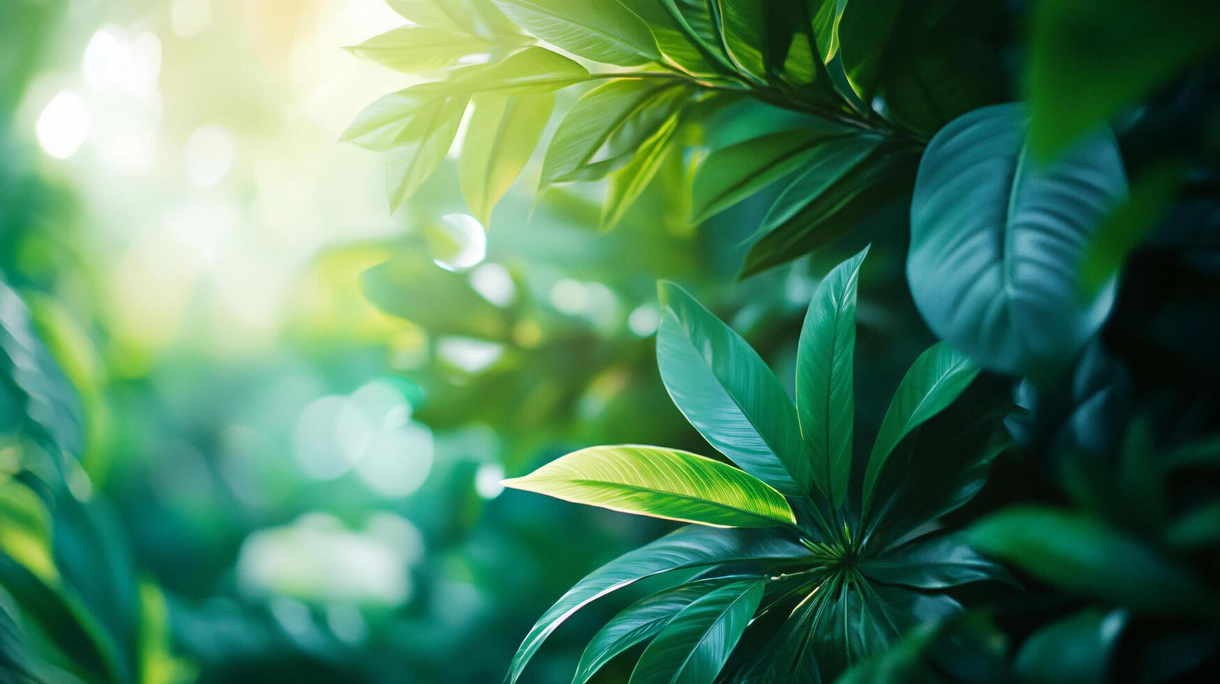 Vibrant green forest with sunlight streaming through the leaves, creating a serene and peaceful atmosphere. The leaves are large and full, providing a sense of abundance and life photo