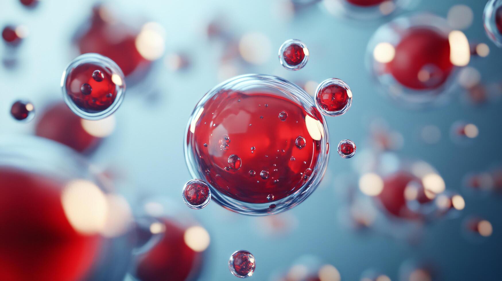 Close up of red spheres with a blue background. The spheres are all different sizes and are scattered throughout the image. Scene is one of chaos and disorder photo