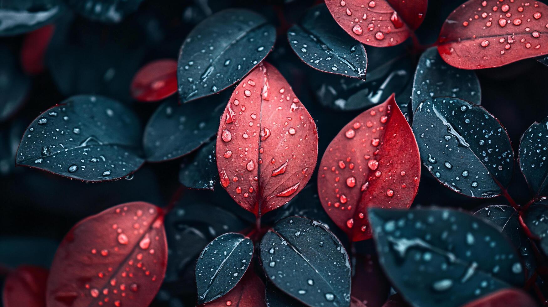 Close up of a leaf with water droplets on it. The leaf is red and blue photo
