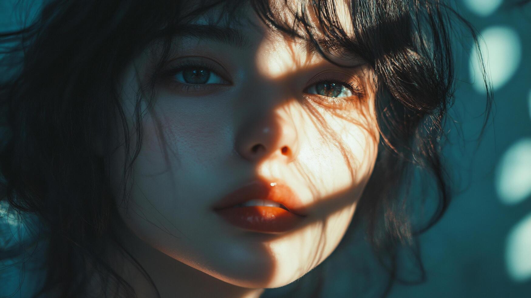 Woman with long dark hair and blue eyes is looking at the camera. She has a red lip and a smile on her face photo