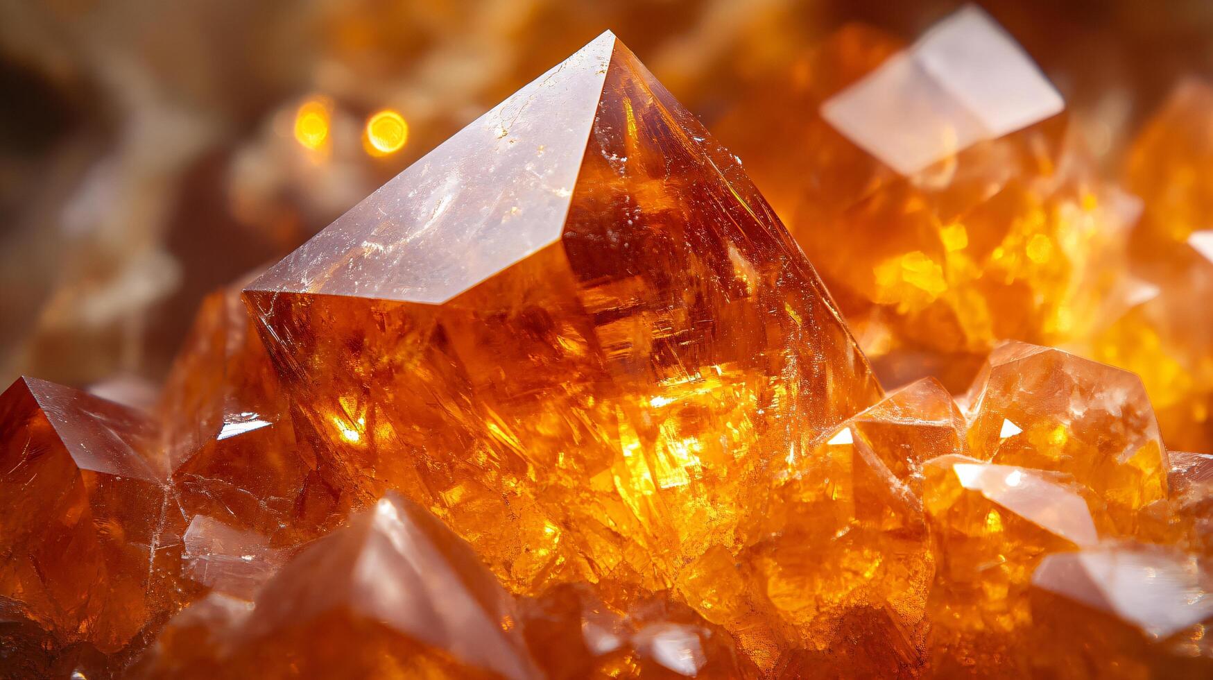 Close up of a pile of orange crystals. The crystals are all different shapes and sizes, but they all have a similar color. Concept of warmth and natural beauty photo