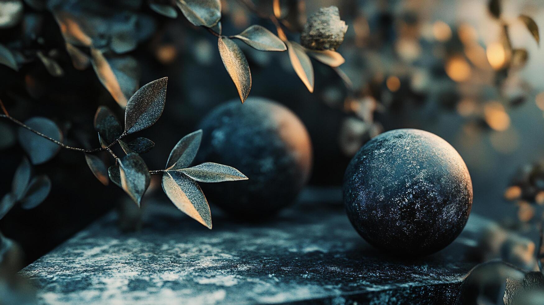 Black and white image of three spheres, one of which is a small blue ball. The spheres are placed on a surface, with the blue ball being the largest. The image has a serene and peaceful mood photo