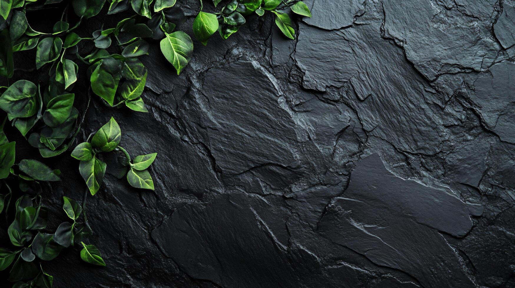 Black background with green leaves on it. The leaves are on the wall and the background is made of stone photo