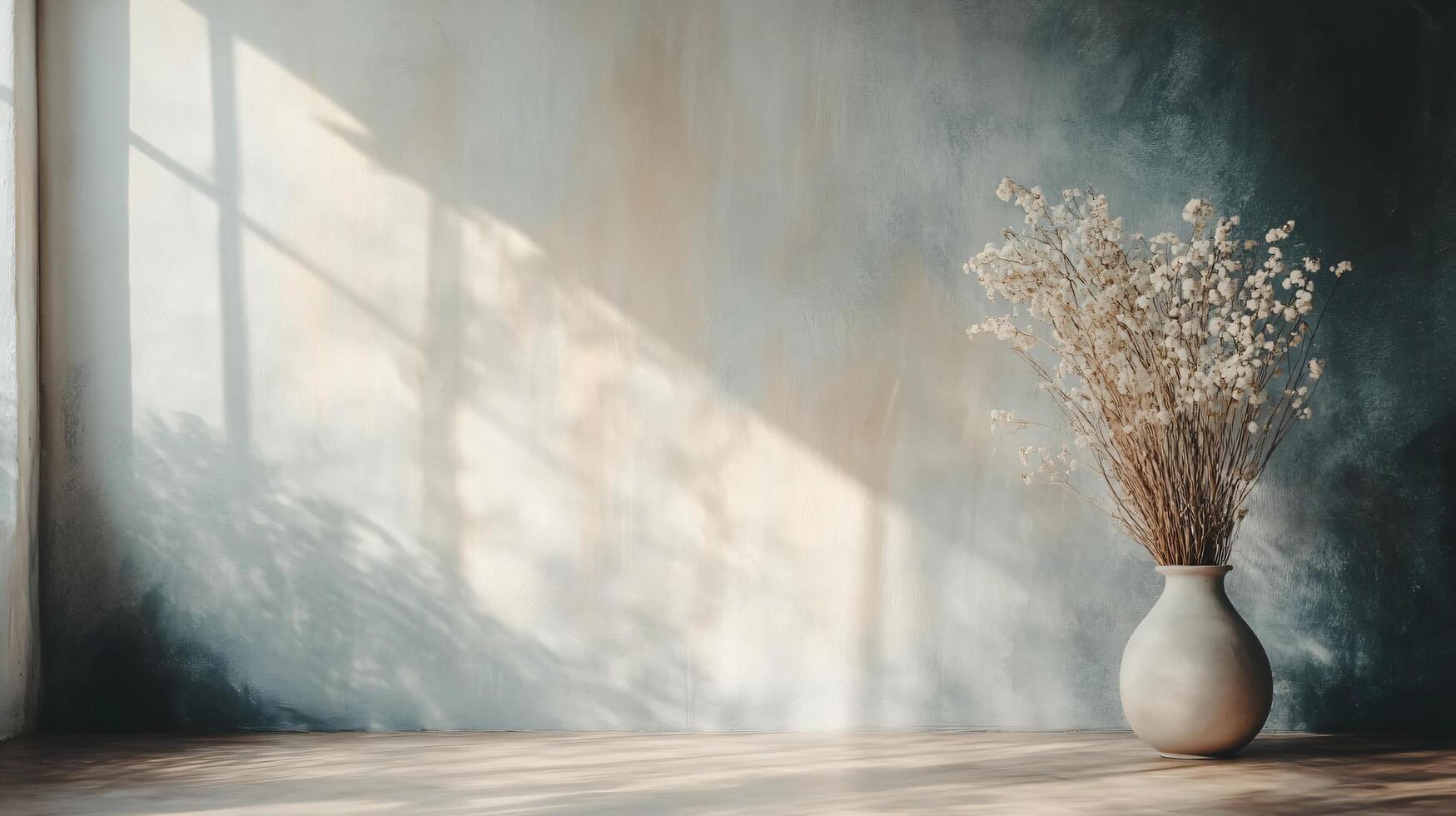White vase with flowers sits on a wooden table in a room with a window. The vase is filled with dried flowers, giving the room a simple and elegant touch photo