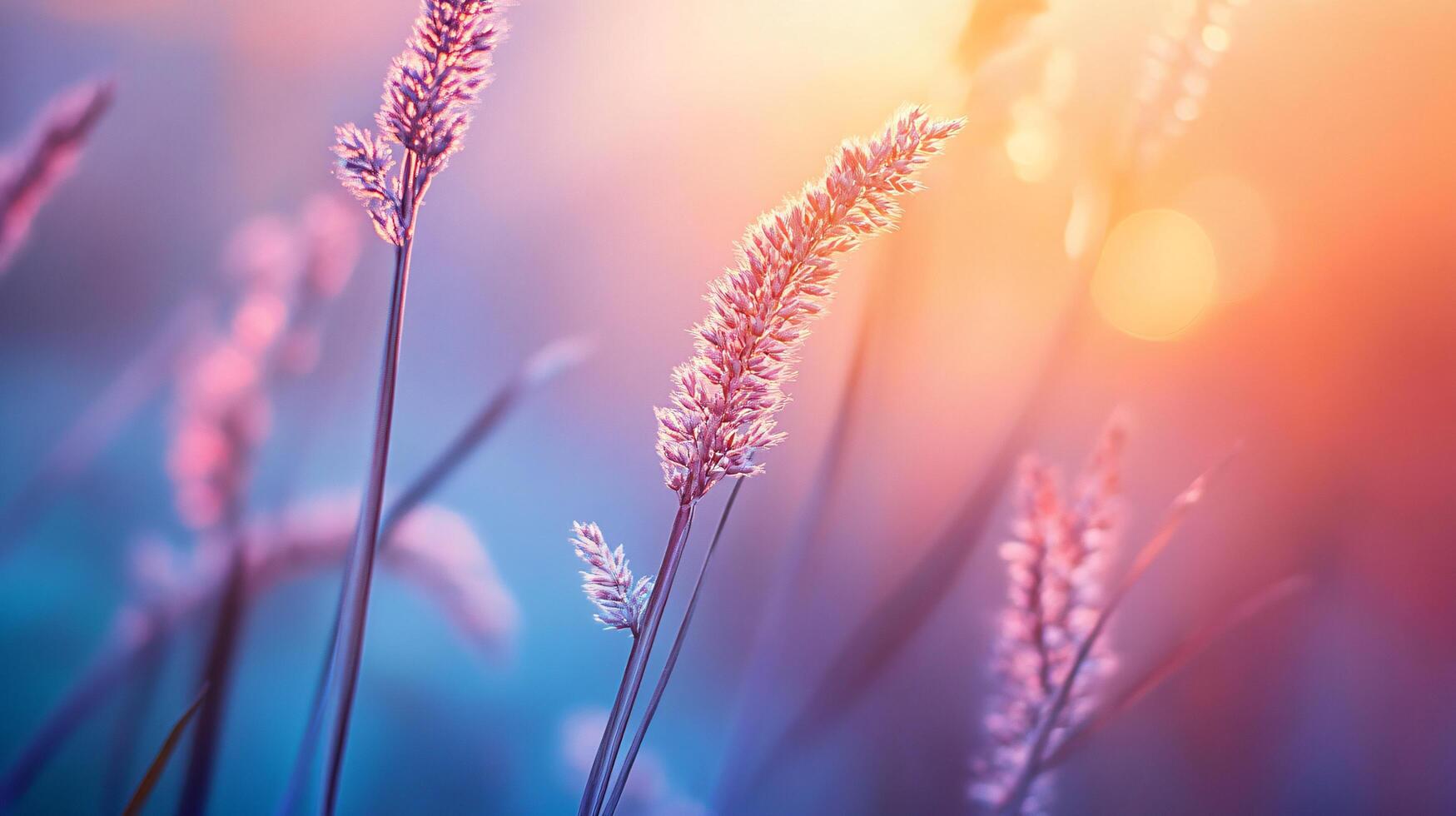 Field of purple flowers with a blue sky in the background. The flowers are tall and the sky is a mix of blue and pink photo