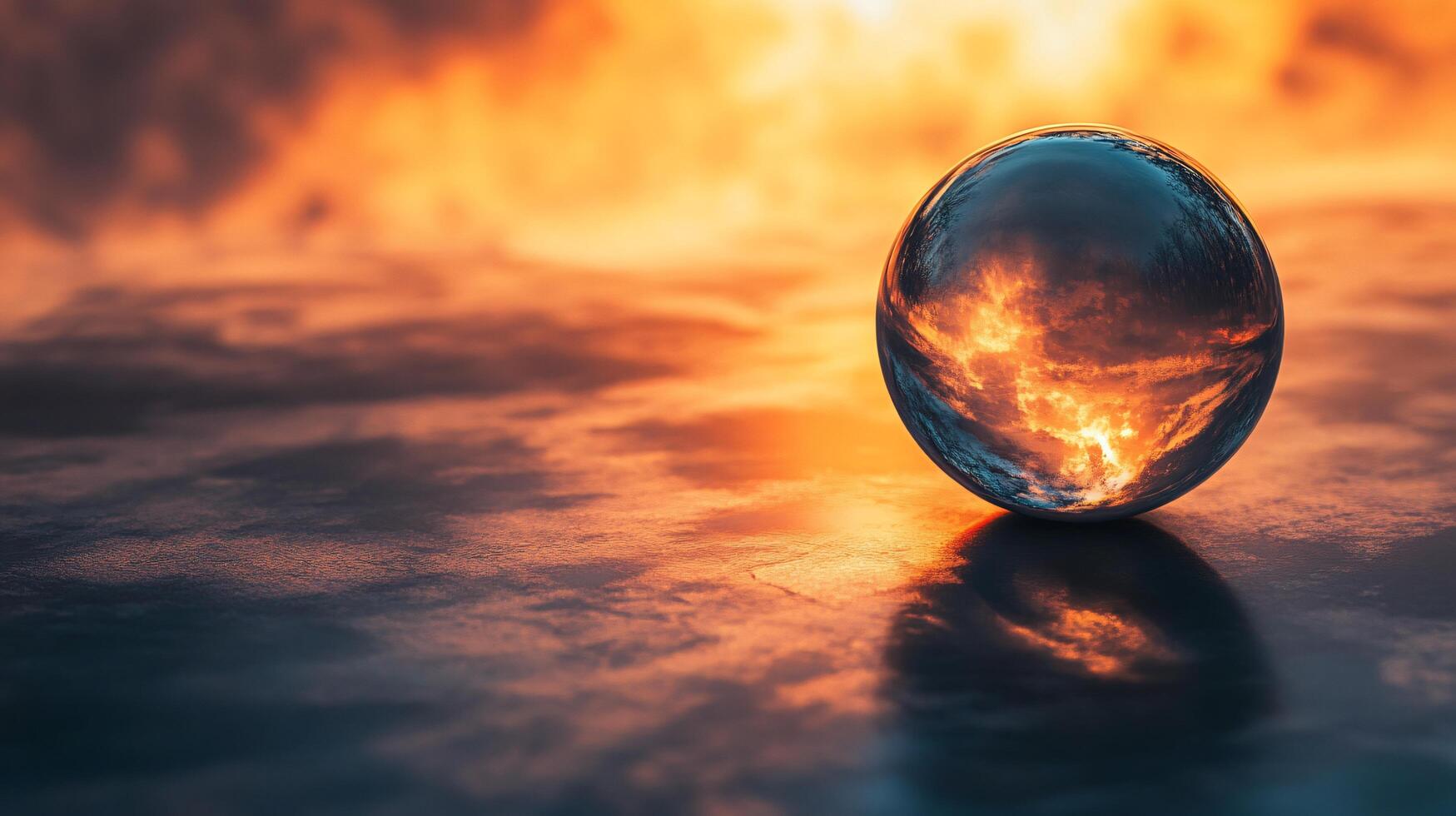 Large, clear, glass sphere sits on a body of water. The sphere is surrounded by a beautiful, orange and yellow sky. The scene is serene and peaceful, with the water reflecting the sky and the sphere photo