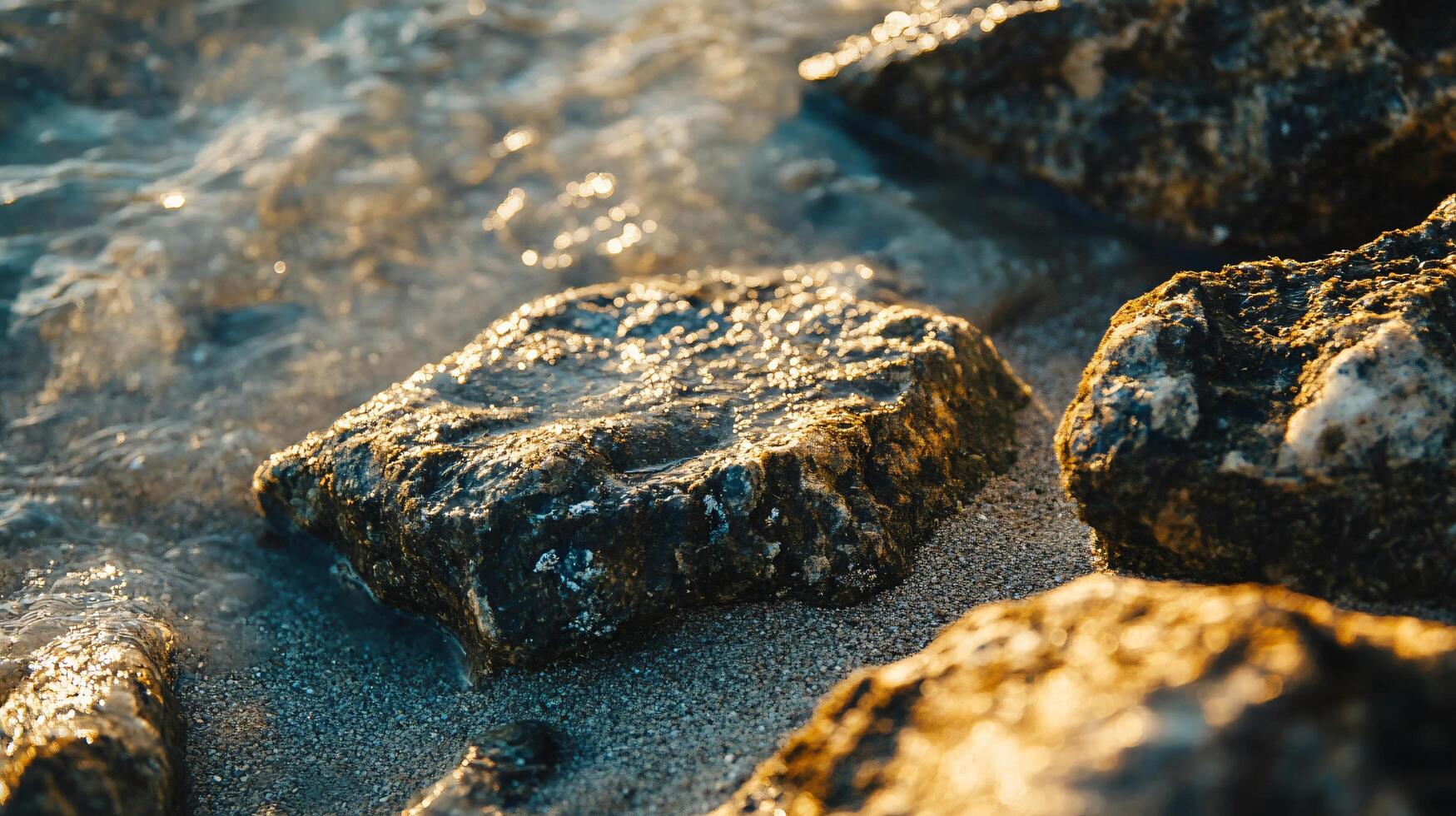 Rock is sitting on the beach, with the water behind it. The rock is surrounded by sand and the water is calm photo