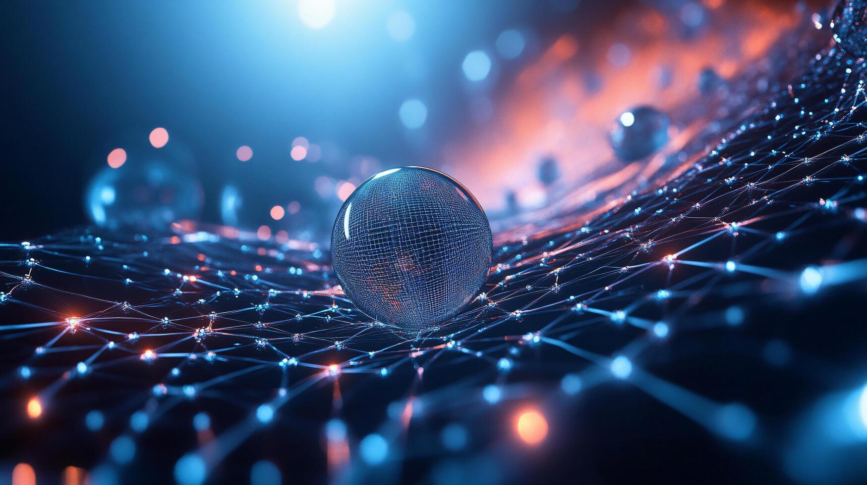Sphere is floating in a web of blue and orange lights. The sphere is surrounded by a network of lines and dots, creating a sense of depth and movement photo