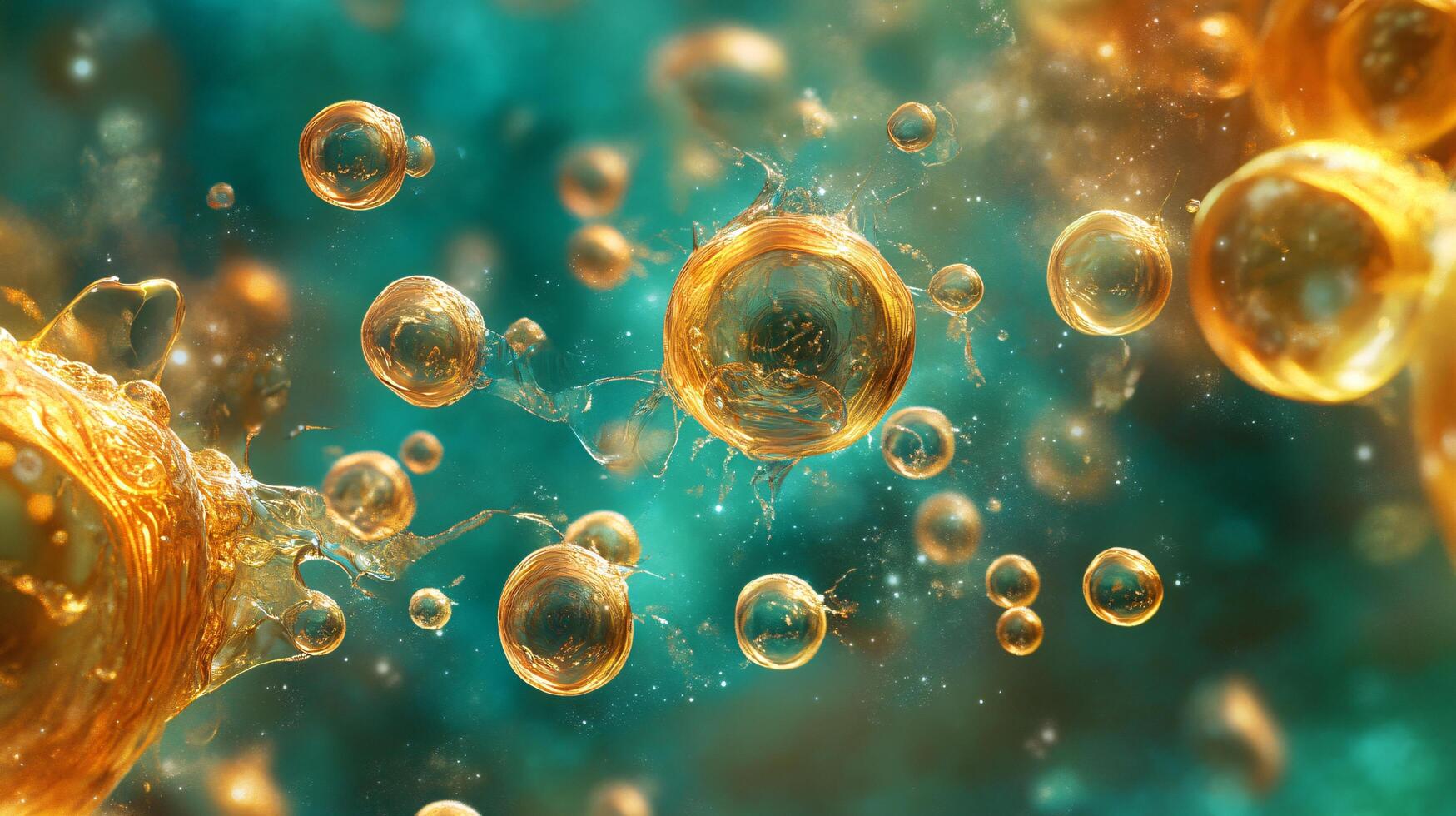 Bunch of bubbles in a blue background. The bubbles are yellow and they are floating in the air photo