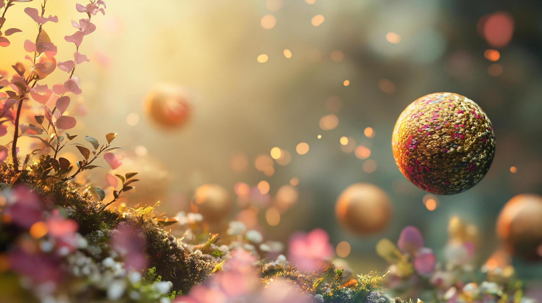 Painting of a field with a large ball in the sky. The painting has a dreamy, whimsical feel to it photo