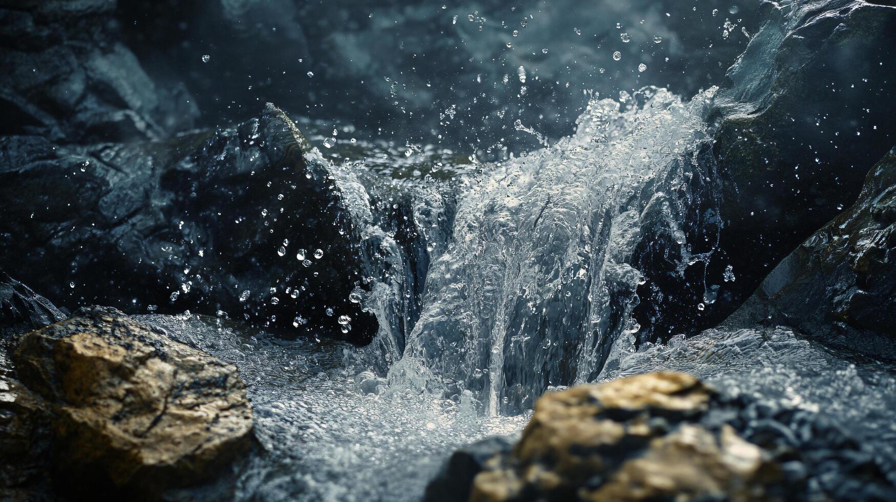 Stream of water is flowing over a rock. The water is small and clear, and it is falling from a height. The scene is peaceful and serene, with the sound of the water creating a calming atmosphere photo