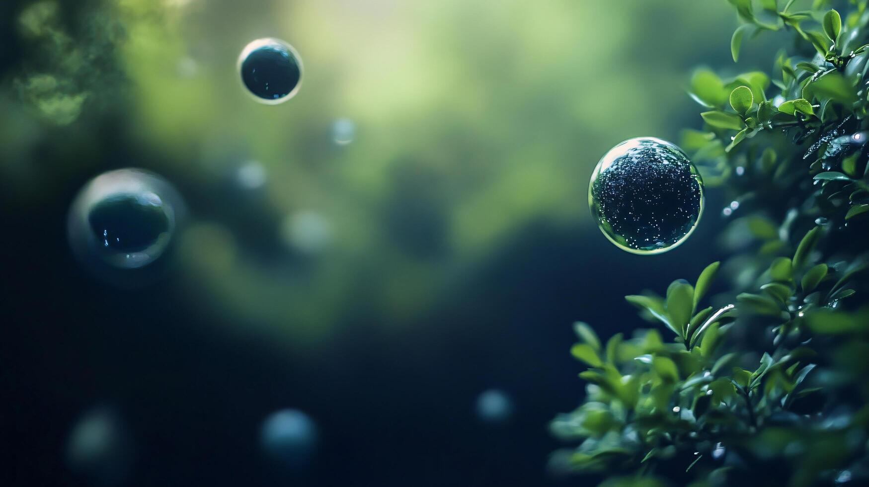 Series of bubbles floating in the air, with one of them being larger than the others. The bubbles are surrounded by green leaves and branches, creating a peaceful and serene atmosphere photo