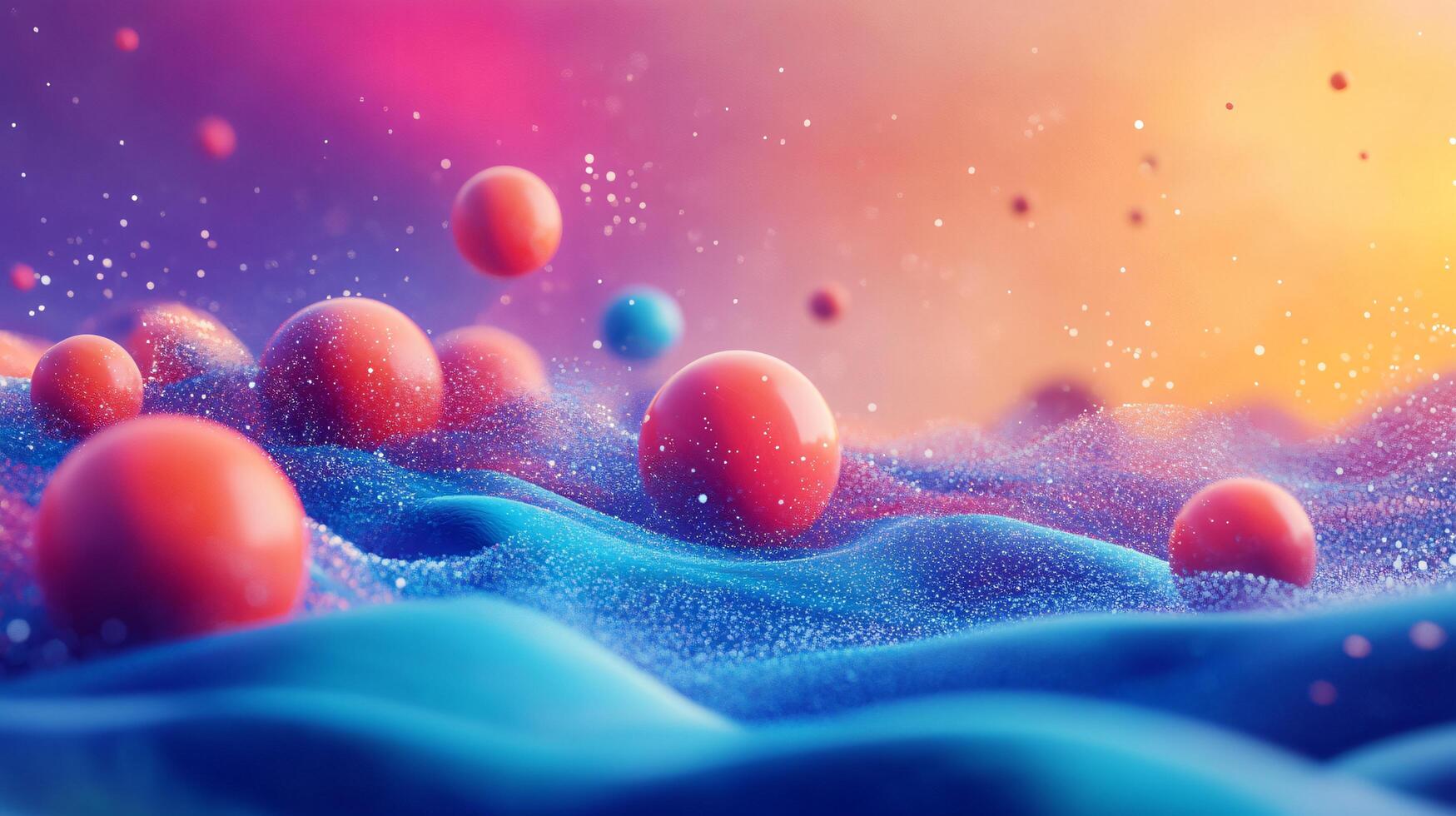 Colorful, abstract painting of a blue ocean with many red and blue spheres floating on the surface photo