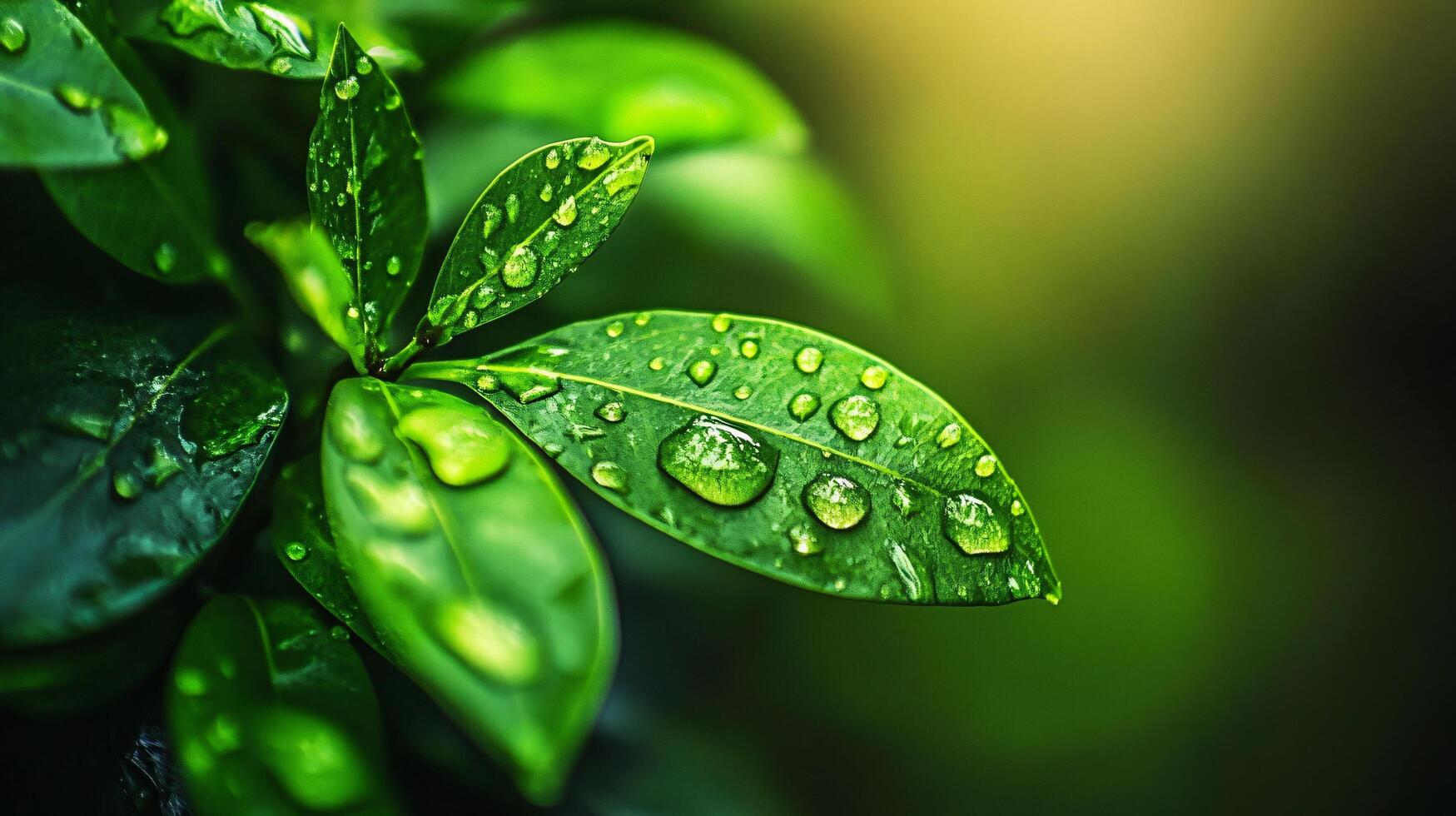 Leaf with water droplets on it. The droplets are small and scattered, giving the impression of a light rain. The leaf is green and he is fresh and healthy photo