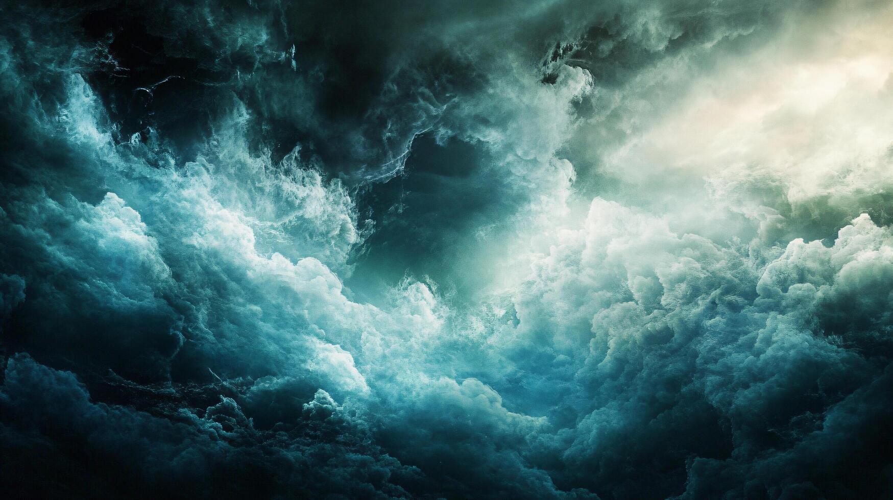 The sky is filled with dark clouds and the water is blue. Scene is ominous and foreboding photo